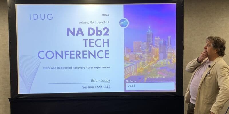 An IDUG NA 2025 technical presenter beside a Db2 session slide