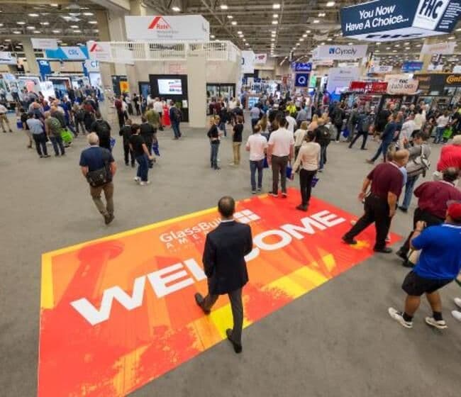 GlassBuild America attendees gathering on the exhibition floor