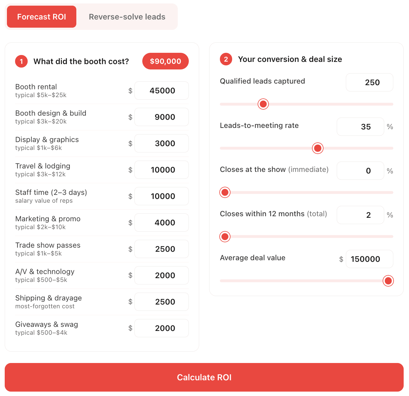 B2Brain booth-ROI calculator: booth cost inputs on the left, conversion and deal-size sliders on the right.