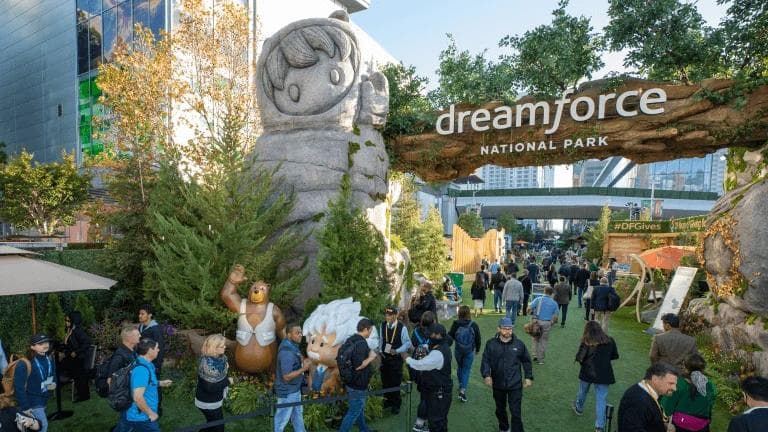 Dreamforce 2026 National Park entrance arch with giant astronaut statue and Salesforce mascots at Moscone Center
