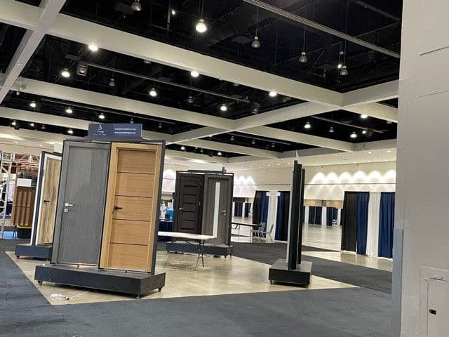 Product displays arranged in an exhibitor booth at the Los Angeles Build Expo.