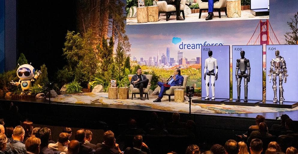 Dreamforce 2026 keynote stage session featuring humanoid robots and Einstein mascot