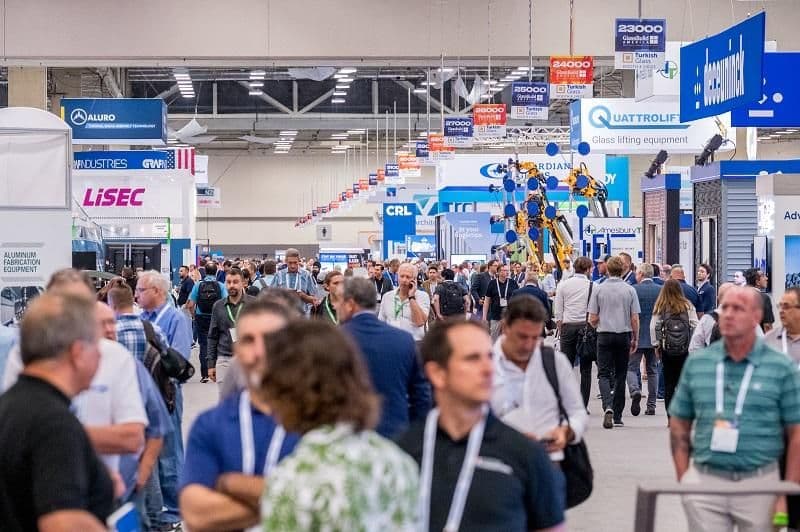 Wide view of the GlassBuild America trade show floor