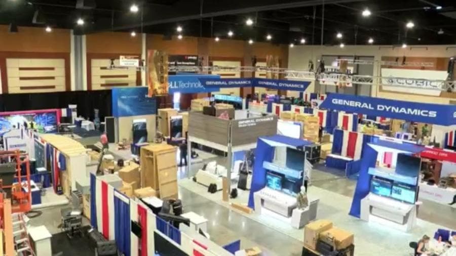 Overhead view of the TechNet Augusta exhibit hall floor with General Dynamics and Dell Technologies booths